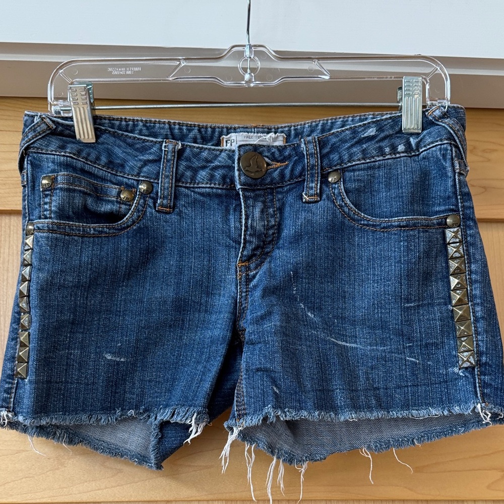 Free People Distressed Blue Jean Shorts with Gold Studs